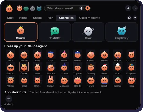 The Cosmetics tab showing the four agents and a grid of accessories